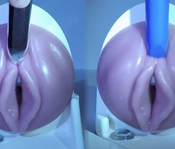 Two Fleshlights (with vulvas) side by side, with a vibe on each clit.