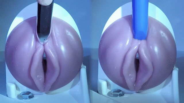 GIF comparison of buzzy vs. rumbly. The buzzy vibe barely makes any movement occur on the Fleshlight vulva, whereas the rumbly one makes it wiggle a bunch.