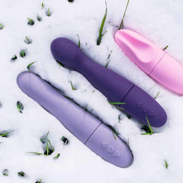 Tickler Toyfriend Smooth Operators Classy, Choosy, and Snazzy embedded in the snow, with little bits of grass poking out.
