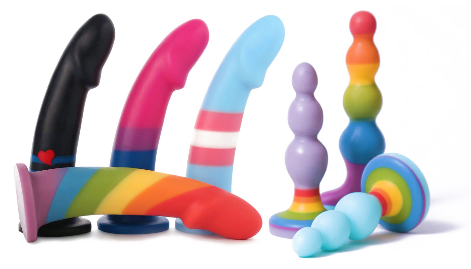 Sex toys from BS Atelier inspired by the leather, bisexual, trans, and LGBTQ+ pride flags.