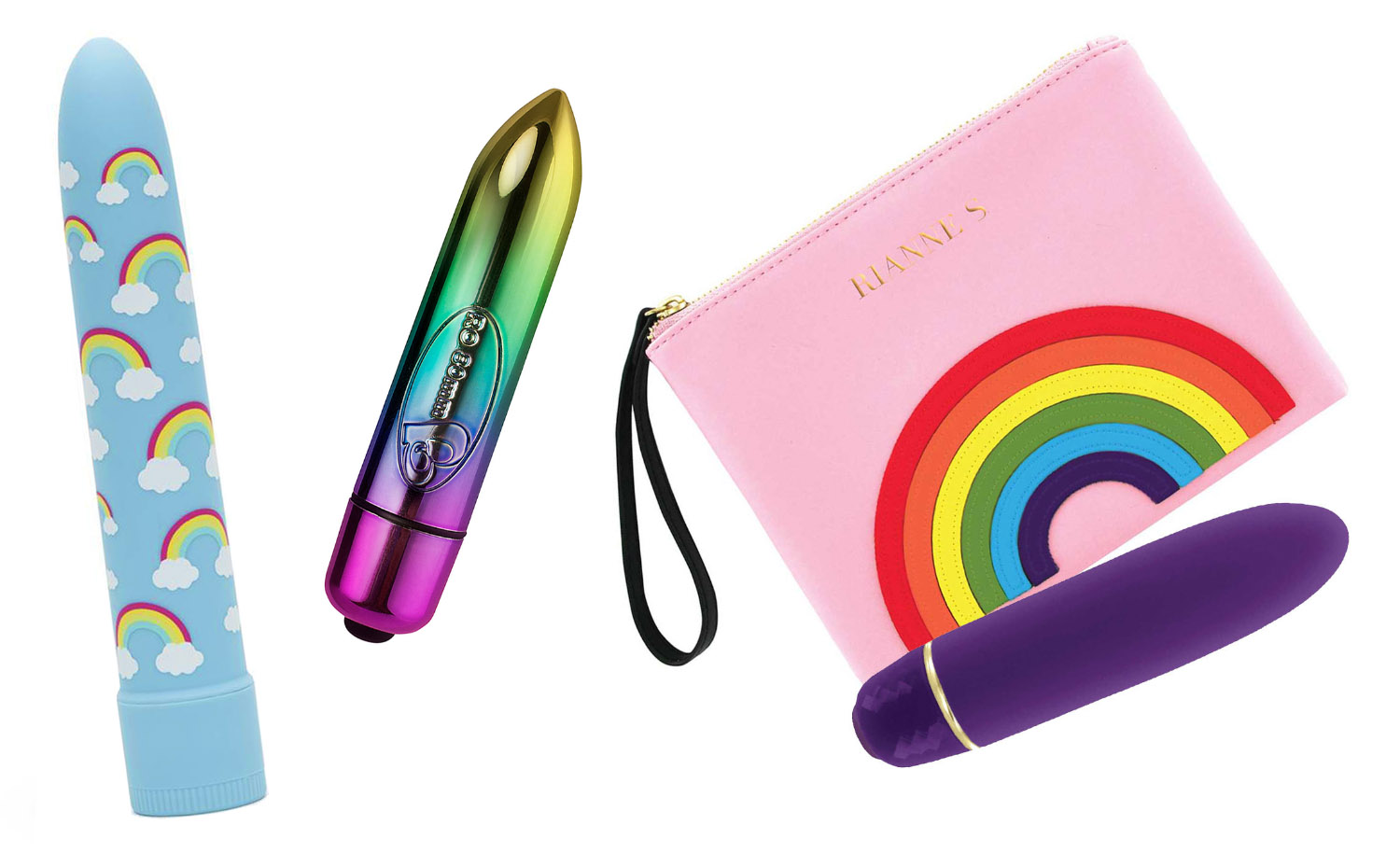 Rainbow vibrators from Lovehoney (Positive Vibe), Rocks Off (RO-80 MM), and Rianne S (Classique)