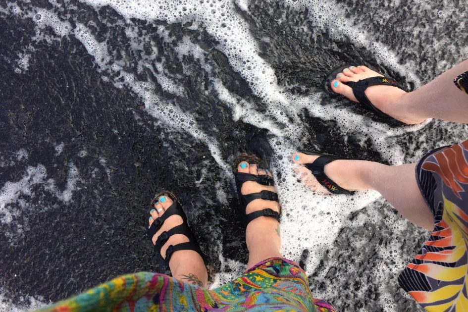 Mom and I with our toes in the sand at WaiÊ»anapanapa Beach the afternoon before this interview.