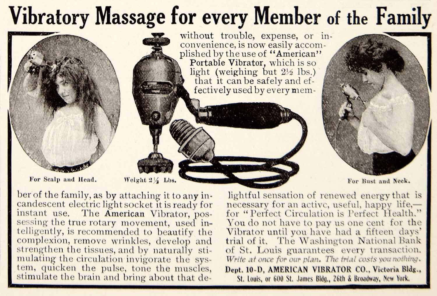 Vintage vibrator ad from 1906 proclaiming "vibratory massage for every member of the family."