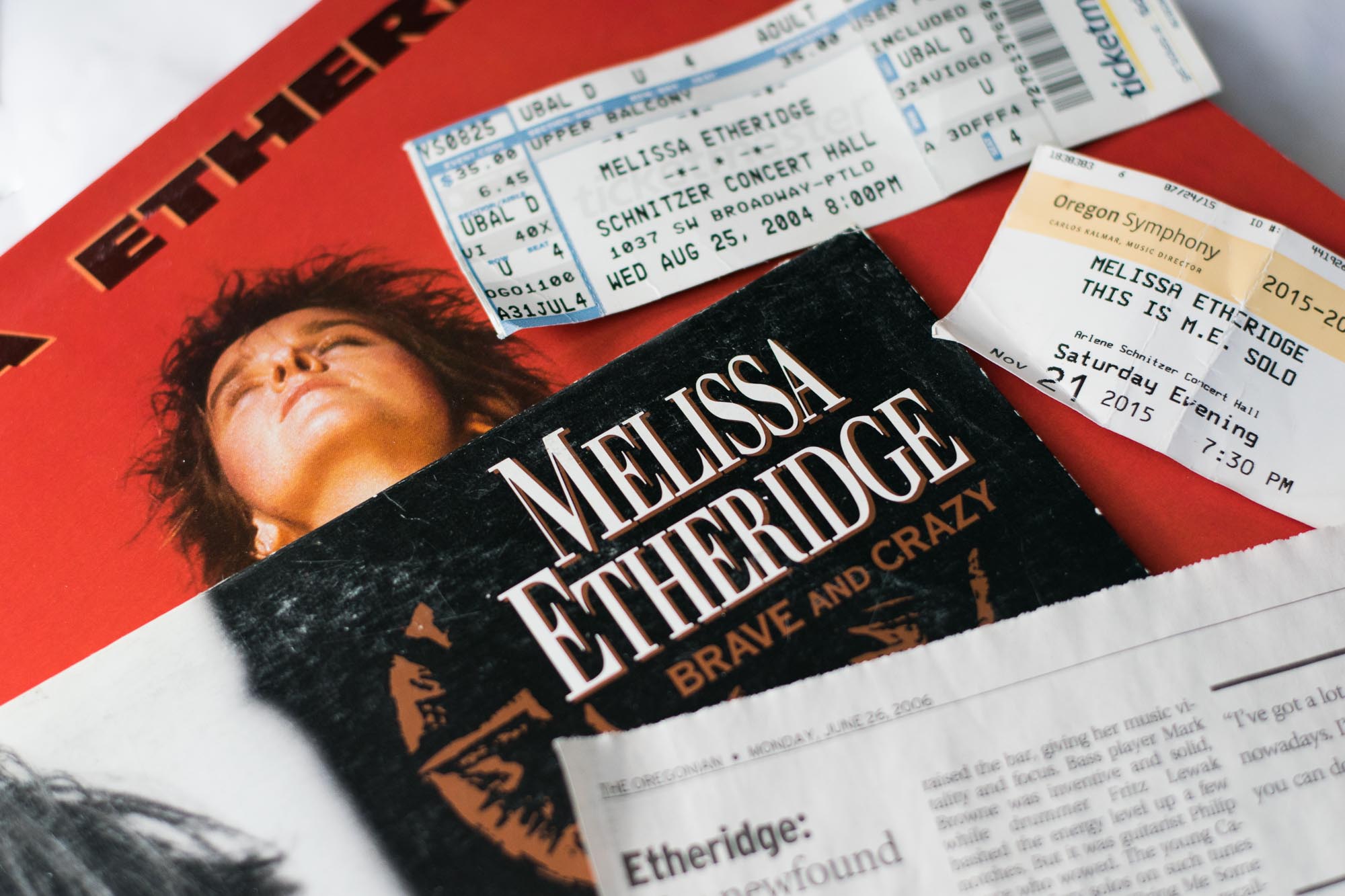 Melissa Etheridge memorabilia: vinyl, concert tickets, newspaper clipping