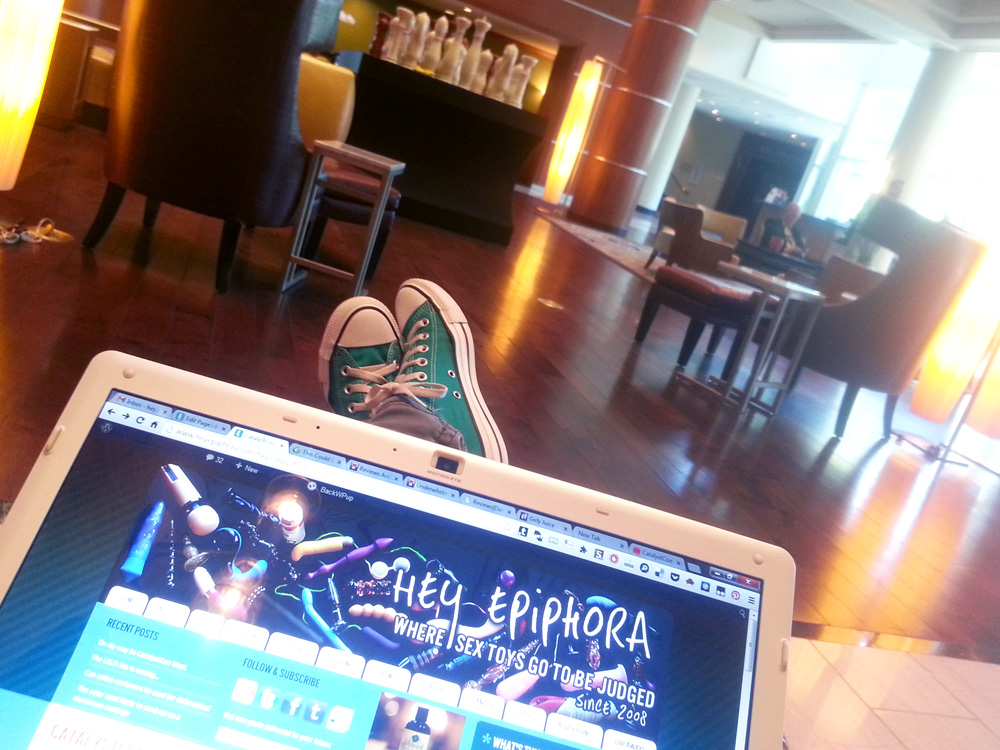 Being a boss in the Marriott lobby, with my laptop showing my website.