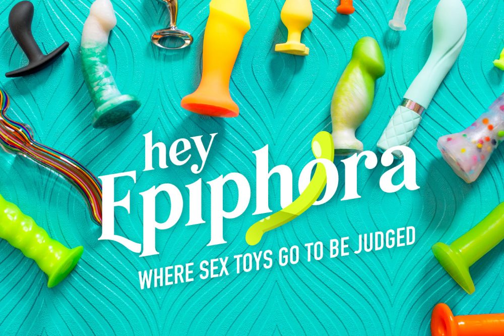My logo on top of a glorious sex toy array, on top of a turquoise vulva-esque backdrop.