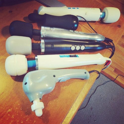 Wand vibrators, from top: Hitachi Magic Wand Rechargeable, Doxy Don, Doxy Die Cast, Doxy, Hitachi Magic Wand Original, Wahl.