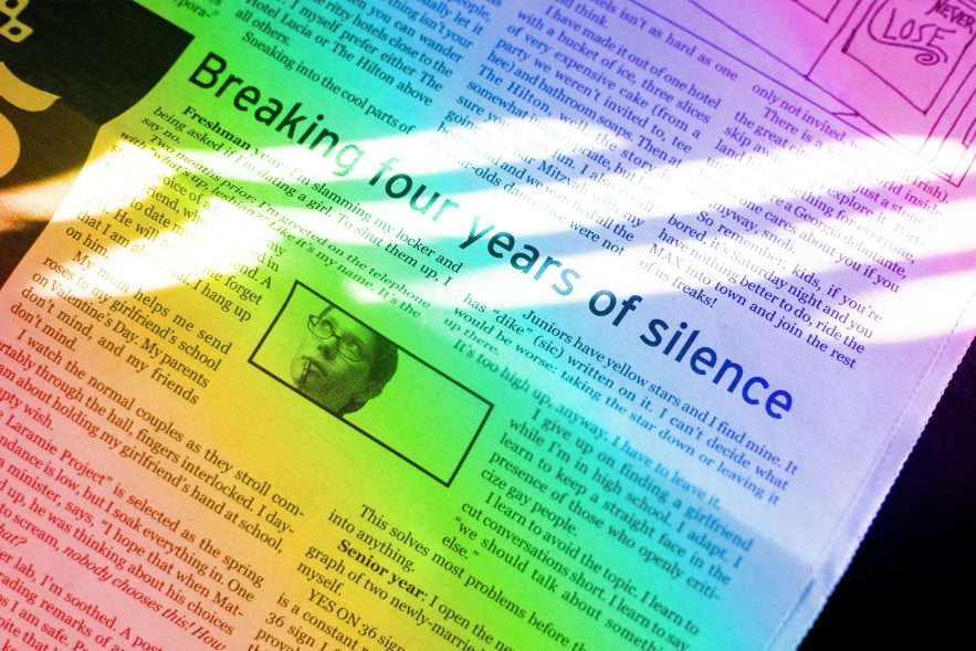 My column in the high school paper, with the headline "Breaking four years of silence." There is a rainbow gradient effect over the image.