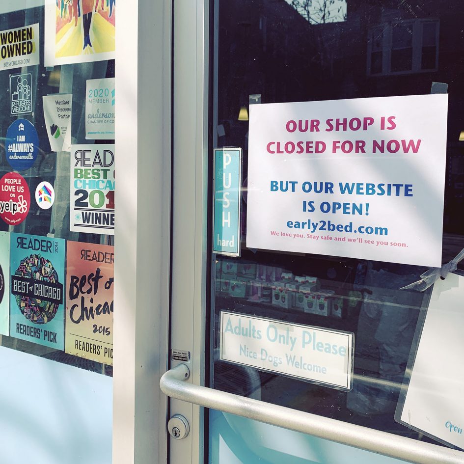 The door at Early to Bed in Chicago, with a print-out advising customers that the shop is closed — "but our website is open!"