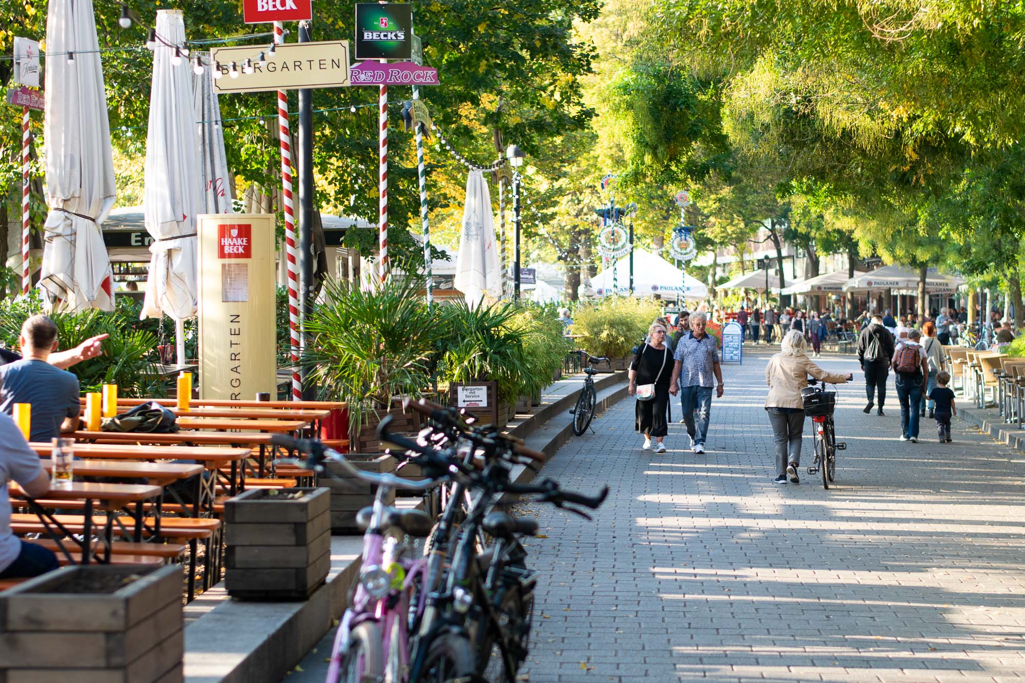 The biergarten by the Weser River in Bremen, Germany.