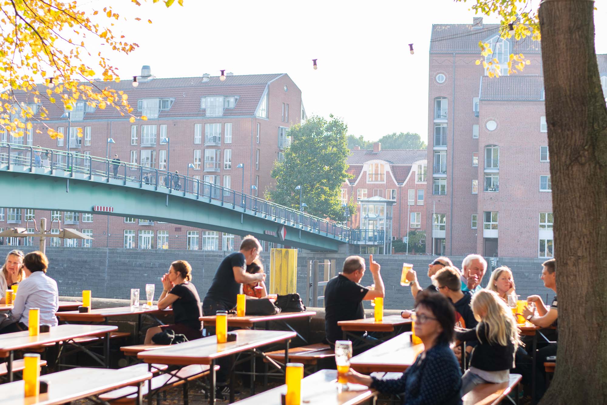 The biergarten by the Weser River in Bremen, Germany.