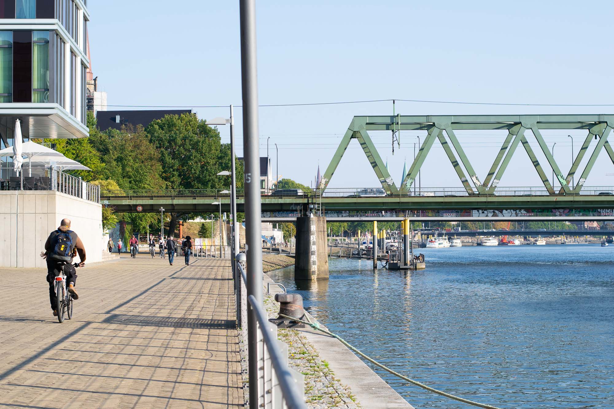 The promenade by the Weser River in Bremen, Germany.