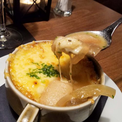 French onion soup at Kleiner Olymp in the Schnoor in Bremen, Germany.