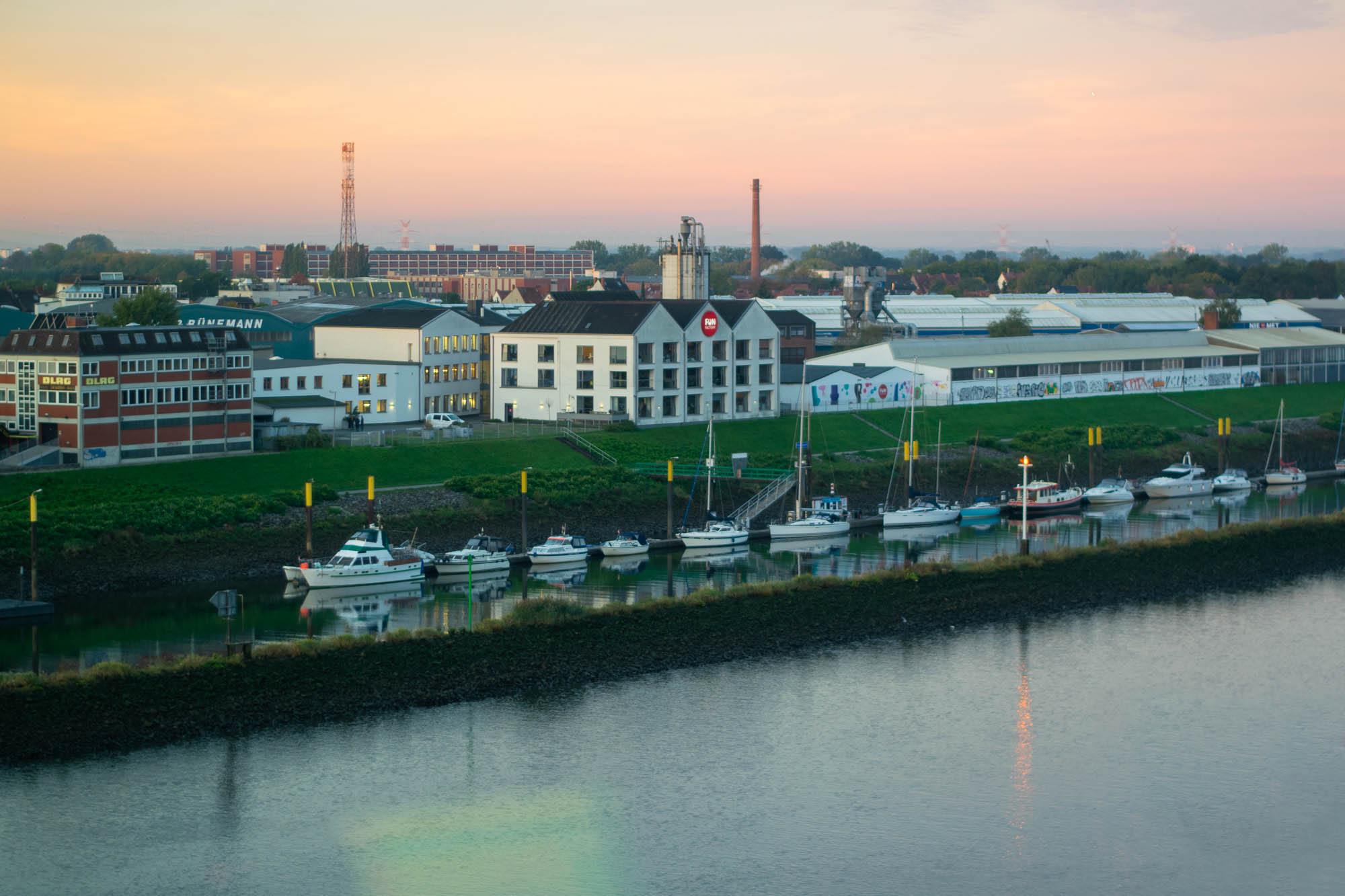 Sex toy manufacturer Fun Factory in Bremen, Germany, just across the Weser River, at dusk.