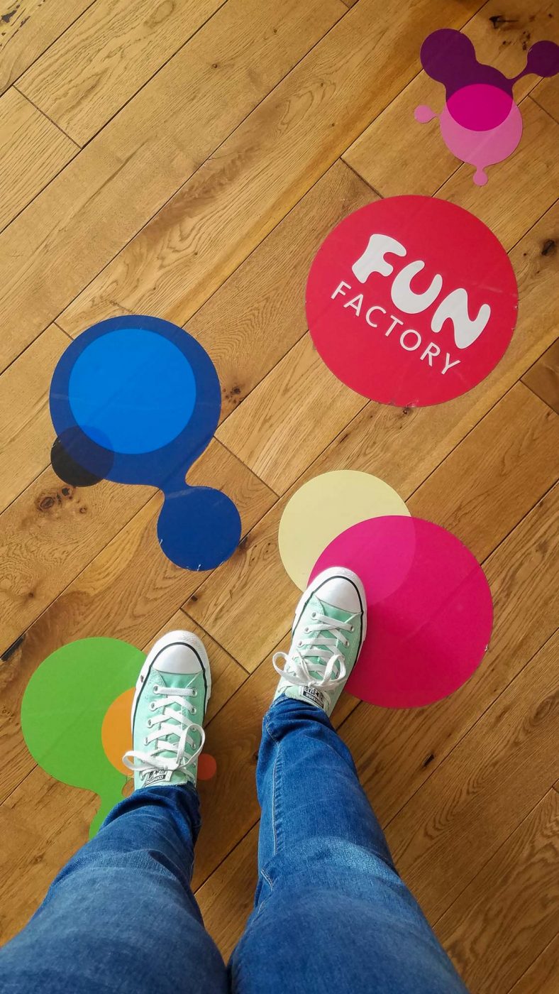 My feet on the hardwood floor at sex toy manufacturer Fun Factory in Bremen, Germany.