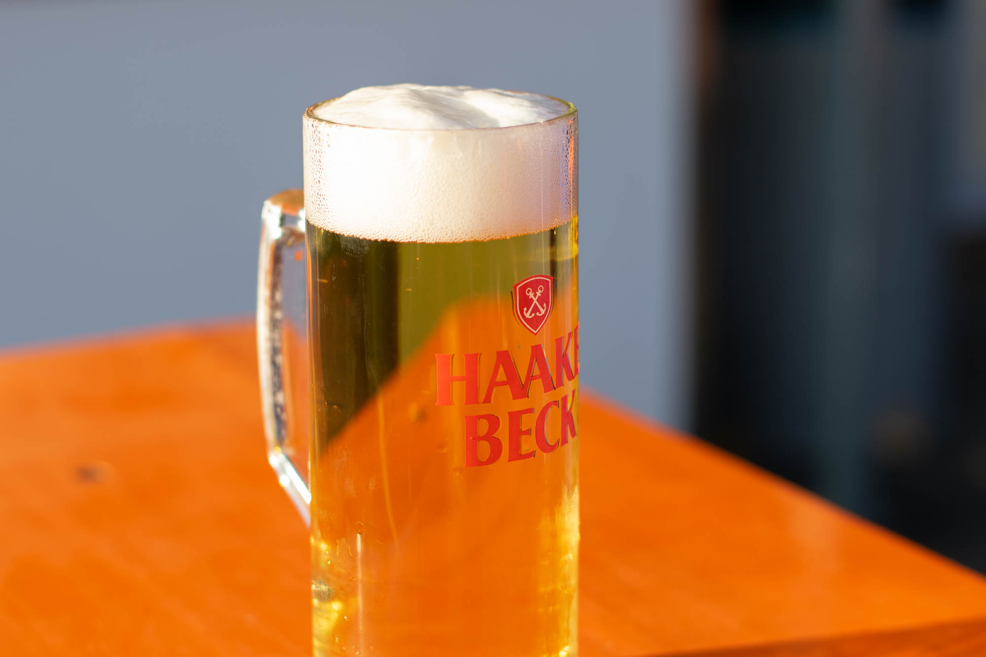 A stein of Haake Beck beer at the biergarten in Bremen, Germany.