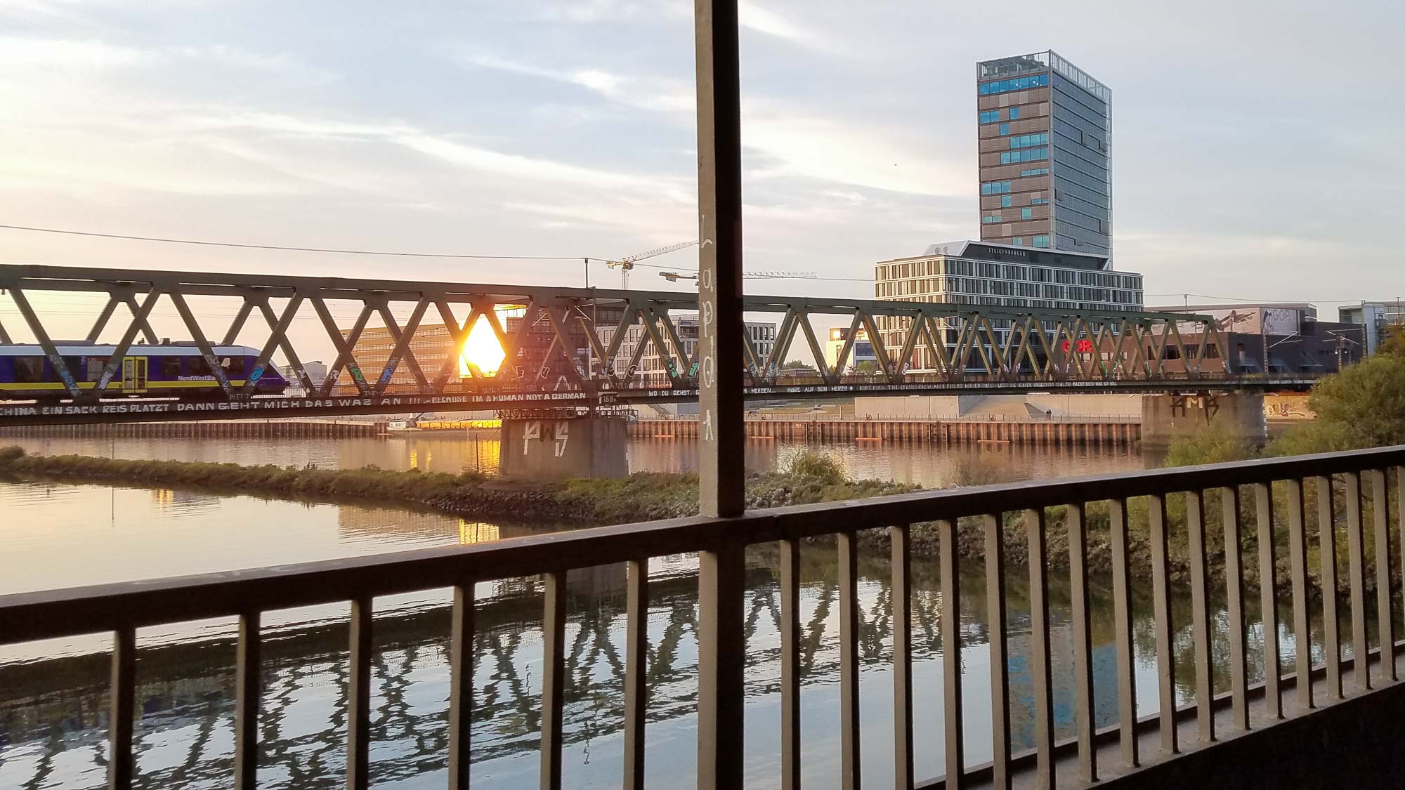 Pedestrian bridge across the Weser River in Bremen, Germany.