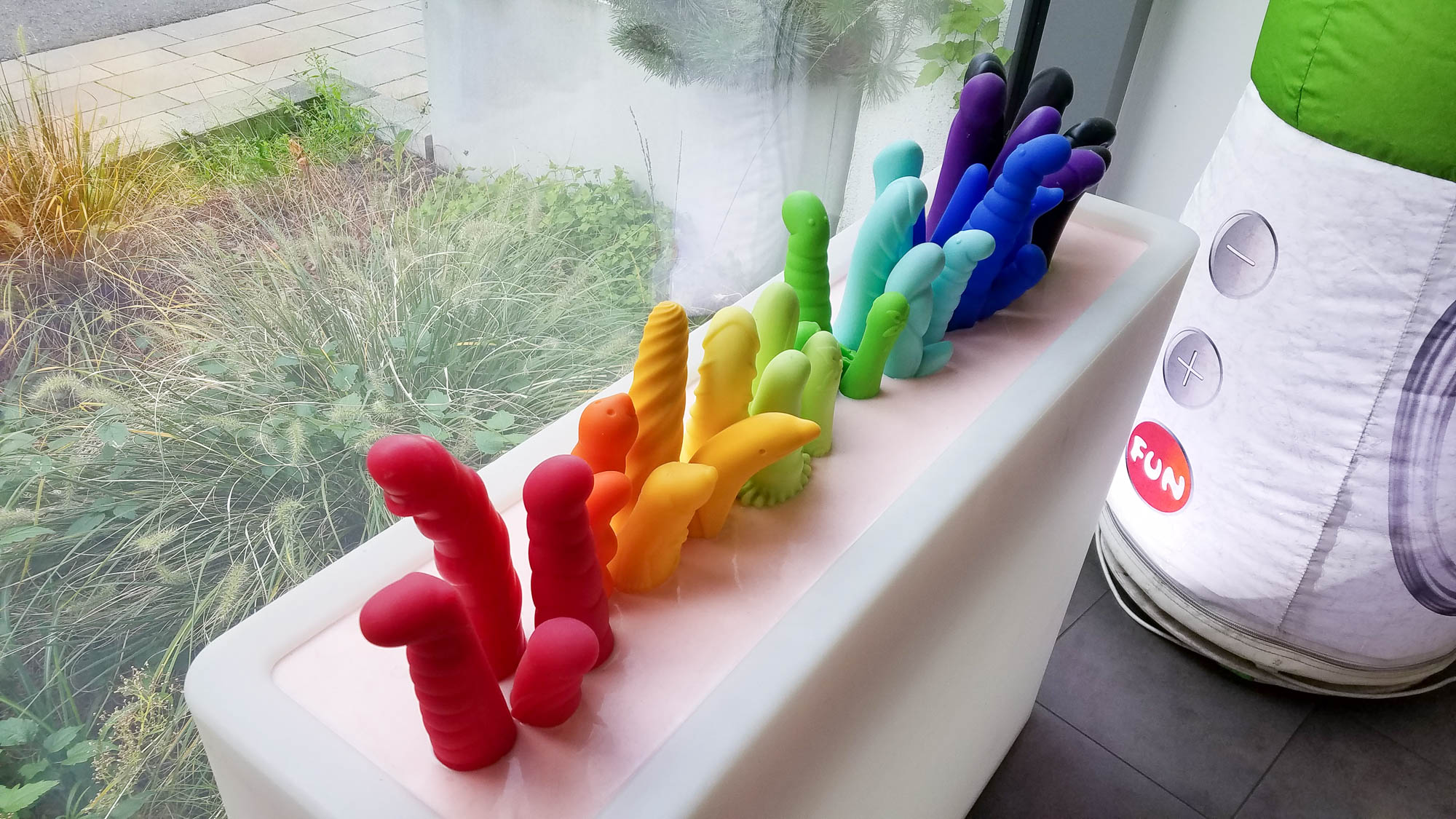 Rainbow dildo and vibrator sculpture at sex toy manufacturer Fun Factory in Bremen, Germany.