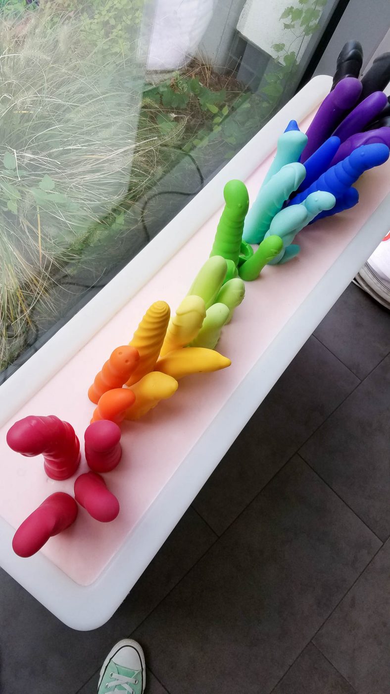 Rainbow dildo and vibrator sculpture at sex toy manufacturer Fun Factory in Bremen, Germany.