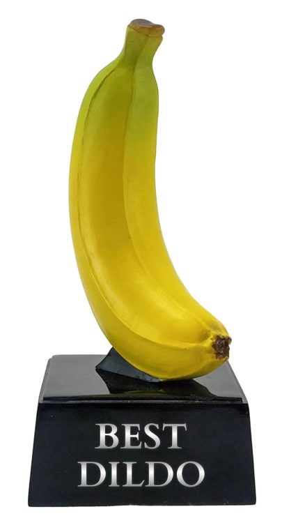 A dorky trophy with a banana on top, Photoshopped to read "BEST DILDO" on the base.