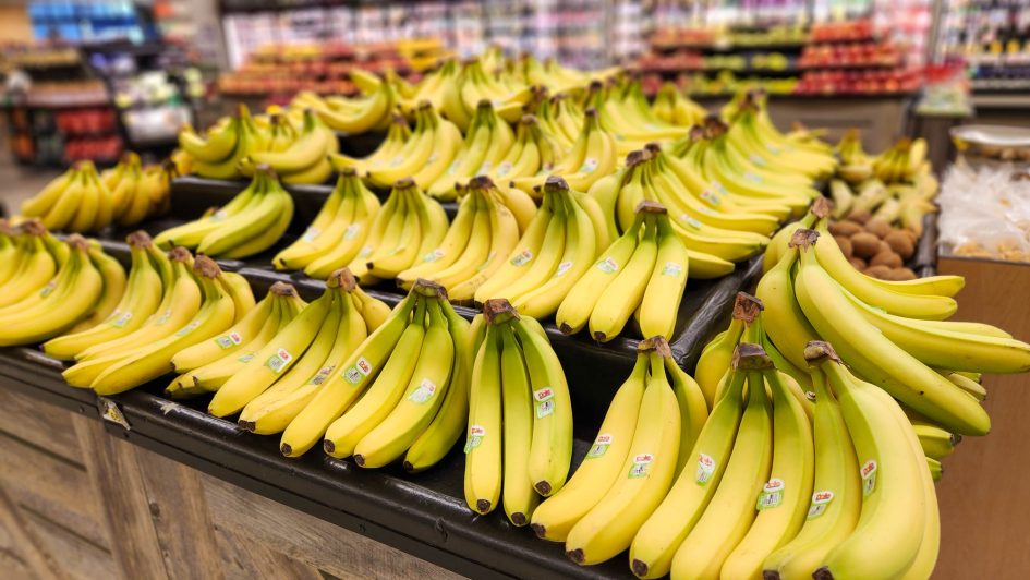 An entire horde of bananas, all lined up on display at the grocery store.