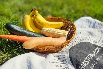 A basket of fruit and vegetables (carrot, cucumber, yam, corn, bunch of bananas) in the grass, on top of a tea towel with the word "MASTURBATION" on it.